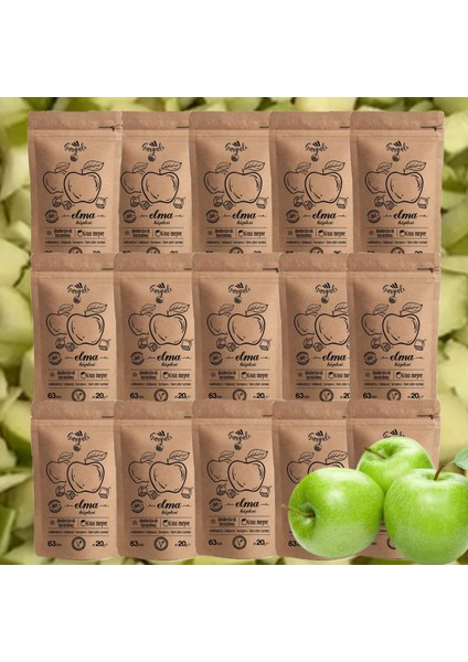 15 Paket Sağlıklı Atıştırmalık Gıda Dondurularak Kurutulmuş Freeze Dry Elma Dilim Meyve Kurusu Freeze Dried Cips 20 gr.