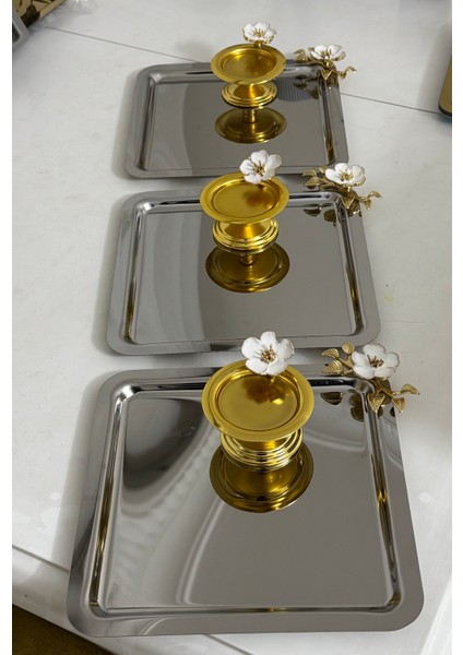 Çelik Kare Beyaz Çiçekli Sunum Tepsisi ve Gold Makaronluk 3 Lü Takım