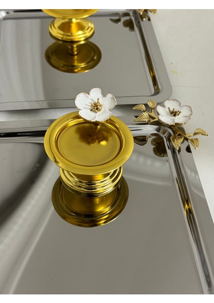 Çelik Kare Beyaz Çiçekli Sunum Tepsisi ve Gold Makaronluk 3 Lü Takım fiyatları