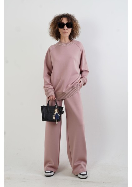 Pudra O Yaka Triko Detay Modal Sweatshirt Pantolon Takım