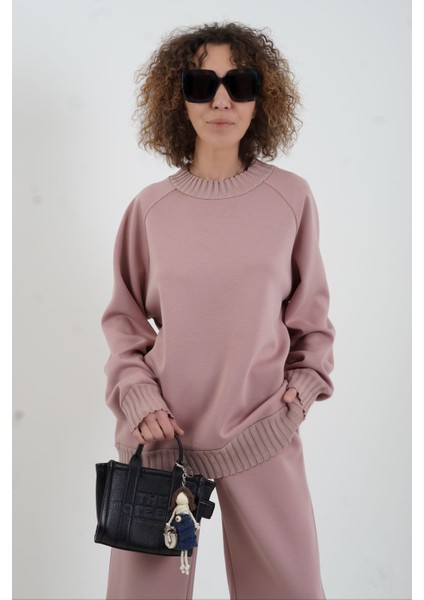 Pudra O Yaka Triko Detay Modal Sweatshirt Pantolon Takım fiyatları