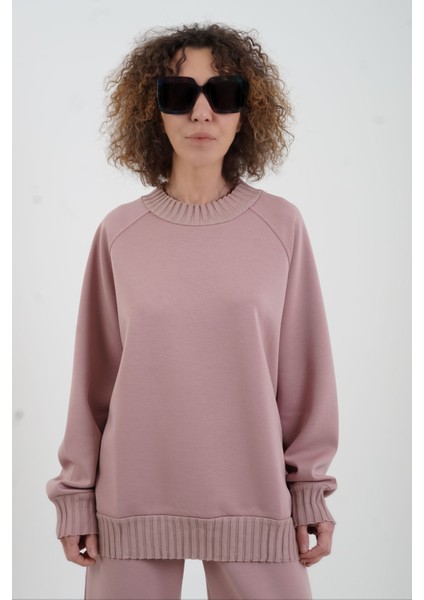 Pudra O Yaka Triko Detay Modal Sweatshirt Pantolon Takım modelleri