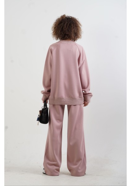 Pudra O Yaka Triko Detay Modal Sweatshirt Pantolon Takım indirimleri