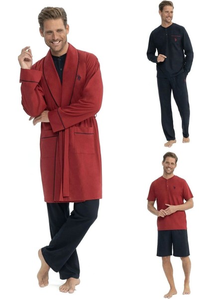 12040 Erkek Bordo Sabahlık Pijama 5 Li Şort Takım