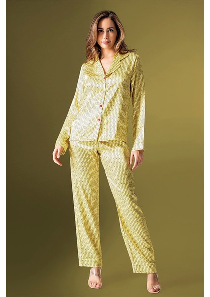 Kadın Sarı Desenli Önden Düğmeli Saten Pijama Takımı 2200 fiyatları