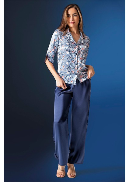 Kadın Lacivert Çiçek Desen Önden Düğmeli Saten Pijama Takımı 2120 fiyatları