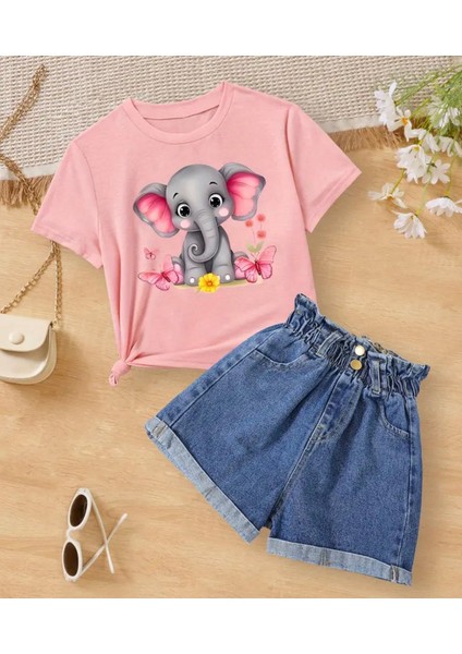 Punıx Kıds Özel Tasarım Fil Baskılı Yeni Stil Kız Çocuk Ter Tutmayan Yazlık T-Shırt