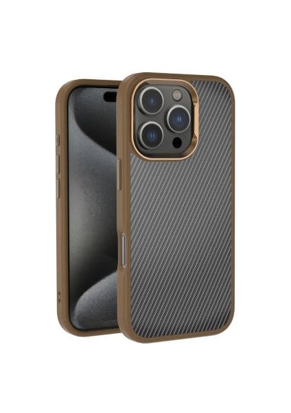 iPhone 16 Pro Max Karbon Fiber Görünümlü Pvc + Silikon Rose Brown Venüs Kapak & Kılıf