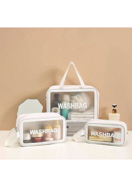 3'lü Kişisel Bakım Çantası - Şeffaf Su Geçirmez Makyaj Çantası - Waterproof Kozmetik Çantası - Şeffaf Kozmetik Çantası (S-M-L)