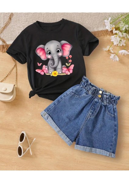 Punıx Kıds Özel Tasarım Fil Baskılı Yeni Stil Kız Çocuk Ter Tutmayan Yazlık T-Shırt