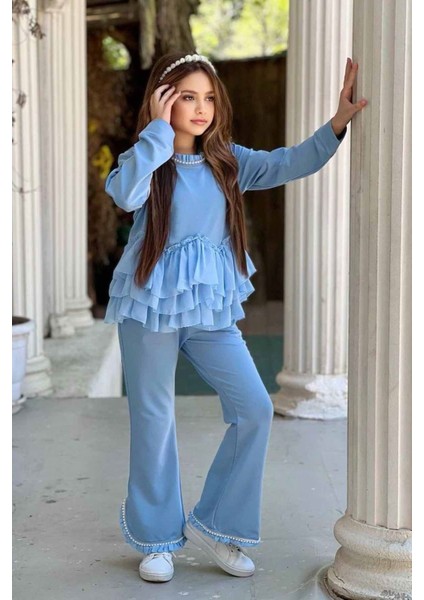 Taş Detaylı Yırtmaçlı Pantolonlu Kız çocuk takım - Mavi