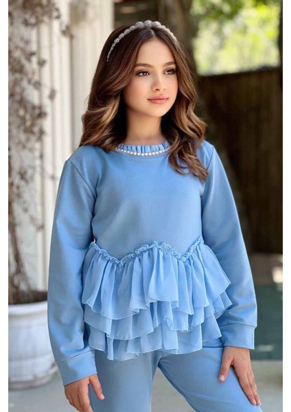 Taş Detaylı Yırtmaçlı Pantolonlu Kız çocuk takım - Mavi fiyatları