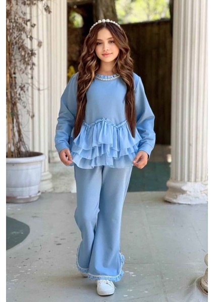 Taş Detaylı Yırtmaçlı Pantolonlu Kız çocuk takım - Mavi modelleri
