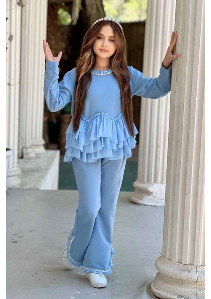 Taş Detaylı Yırtmaçlı Pantolonlu Kız çocuk takım - Mavi fırsatları