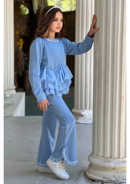 Taş Detaylı Yırtmaçlı Pantolonlu Kız çocuk takım - Mavi indirimleri