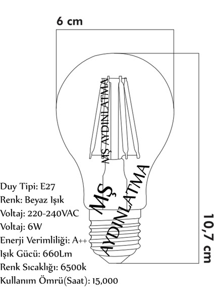 CLA12 E27 Duylu 6 Watt Beyaz Işık LED Filament Rustik Şeffaf Cam Ampul A60