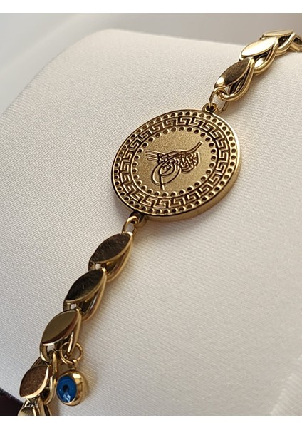 Arpa Zincir Tuğra Bileklik Çelik Gold Renk Nazar Boncuklu
