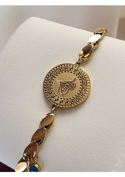 Arpa Zincir Tuğra Bileklik Çelik Gold Renk Nazar Boncuklu modelleri