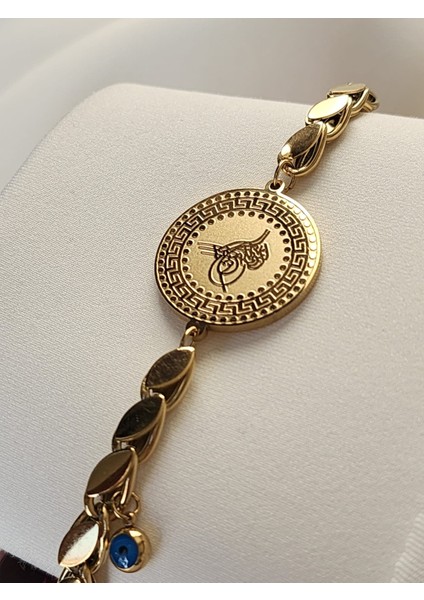 Arpa Zincir Tuğra Bileklik Çelik Gold Renk Nazar Boncuklu fırsatları