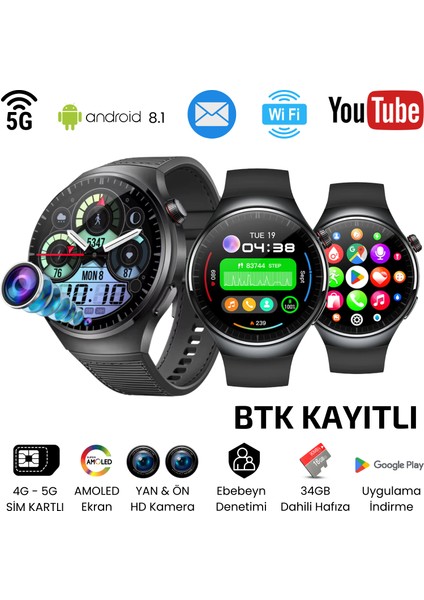 Watch N61 SiM Kartlı 5G 2 Kameralı 64GB Akıllı Saat GPS,WiFi,Play Store Çocuk Apple iPhone Huawei Uyumlu 8,9,10