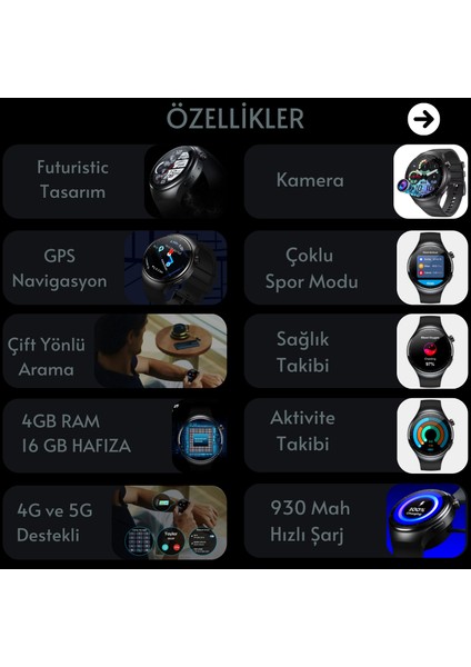 Watch N61 SiM Kartlı 5G 2 Kameralı 64GB Akıllı Saat GPS,WiFi,Play Store Çocuk Apple iPhone Huawei Uyumlu 8,9,10