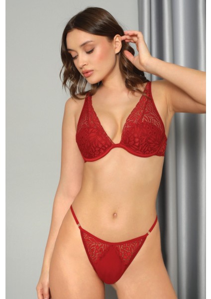 Nbb 4807 Dantelli Desteksiz Sütyen String Takım Lacivert