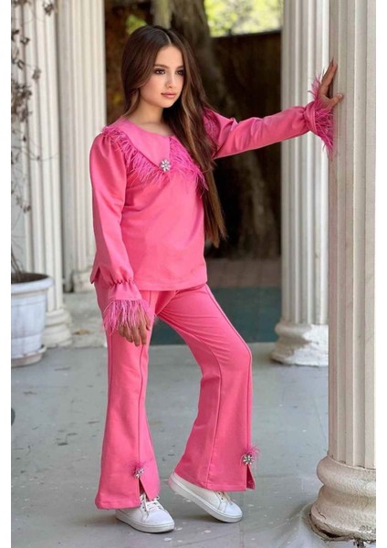 Tüy Detaylı Ispanyol Kız Çocuk takım - Açık Pembe