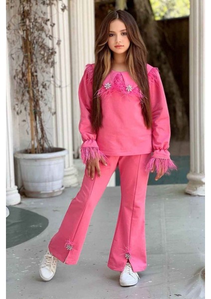 Tüy Detaylı Ispanyol Kız Çocuk takım - Açık Pembe fiyatları