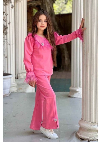 Tüy Detaylı Ispanyol Kız Çocuk takım - Açık Pembe modelleri