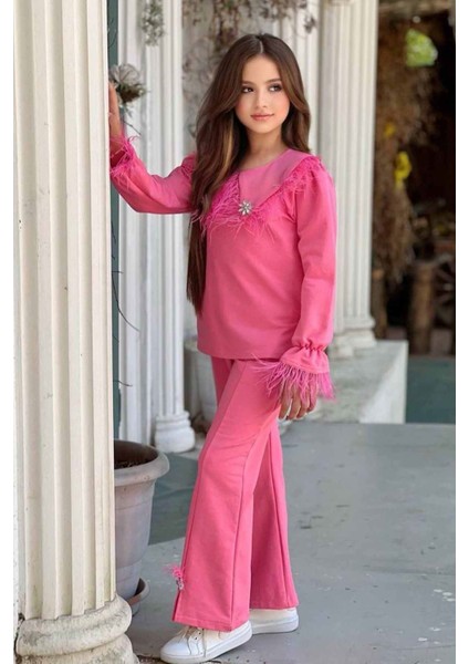 Tüy Detaylı Ispanyol Kız Çocuk takım - Açık Pembe fırsatları