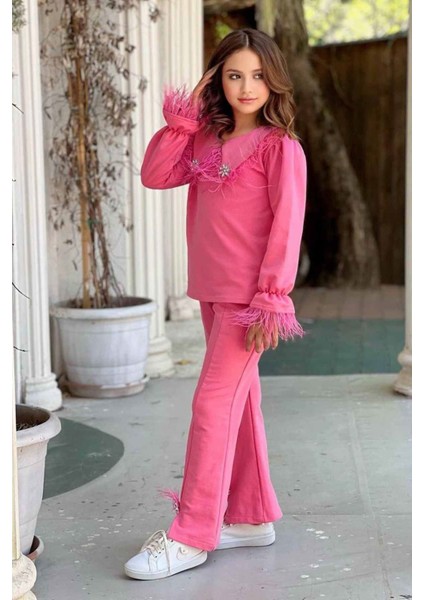 Tüy Detaylı Ispanyol Kız Çocuk takım - Açık Pembe indirimleri