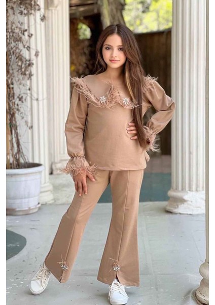 Tüy Detaylı Ispanyol Kız Çocuk takım - Camel fiyatları