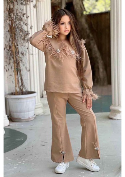 Tüy Detaylı Ispanyol Kız Çocuk takım - Camel modelleri