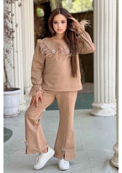 Tüy Detaylı Ispanyol Kız Çocuk takım - Camel fırsatları