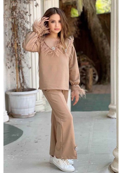 Tüy Detaylı Ispanyol Kız Çocuk takım - Camel indirimleri