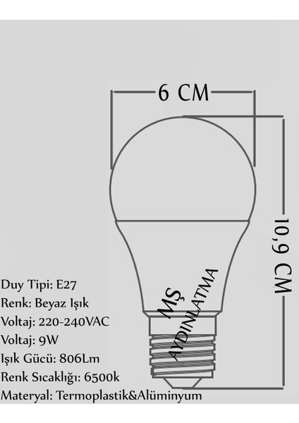 CLA36 E27 Duylu 9 Watt Beyaz Işık LED Ampul 5 Adet
