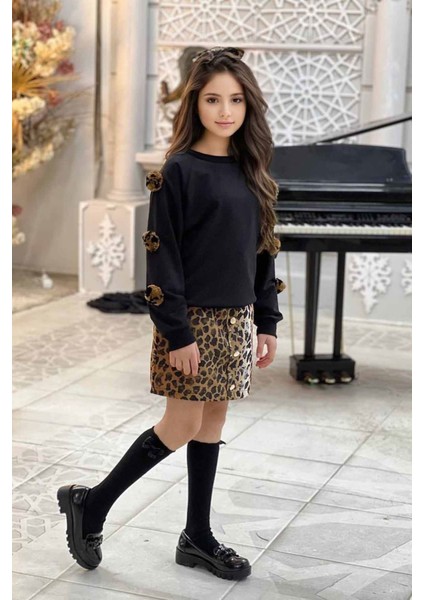 Leopar Yaldız Etekli Ponpon Detaylı Kız Çocuk 4 lü kombin - Siyah