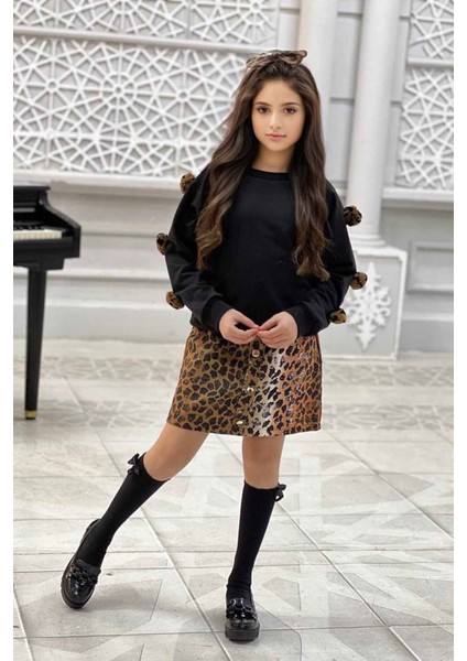 Leopar Yaldız Etekli Ponpon Detaylı Kız Çocuk 4 lü kombin - Siyah fiyatları