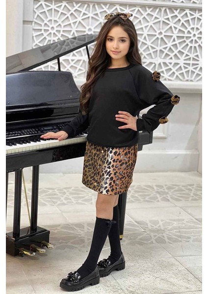 Leopar Yaldız Etekli Ponpon Detaylı Kız Çocuk 4 lü kombin - Siyah modelleri