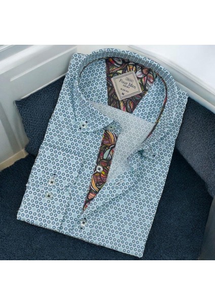 Pamuklu Açık Mavi Desenli Uzun Kollu Erkek Gömlek (Slim Fit Kalıp)