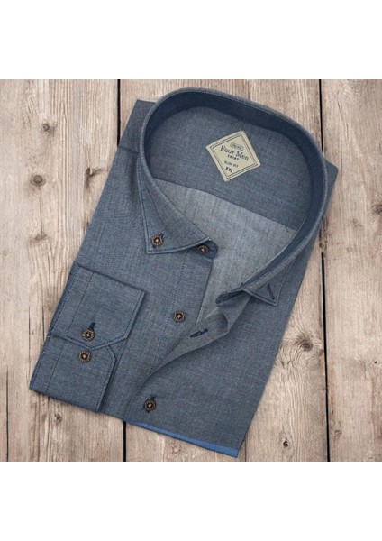 Pamuklu Gri Uzun Kollu Erkek Gömlek (Slim Fit Kalıp)