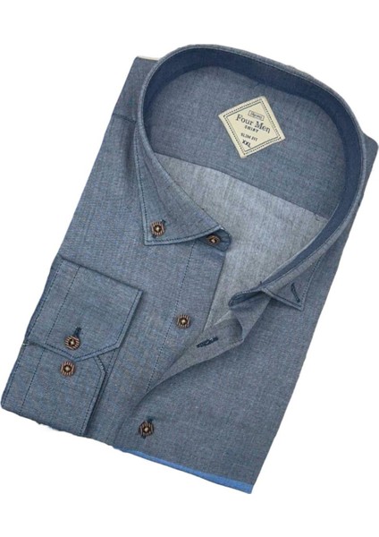 Pamuklu Gri Uzun Kollu Erkek Gömlek (Slim Fit Kalıp)