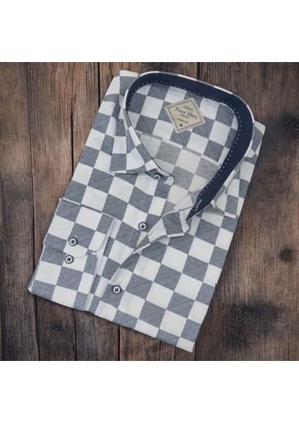 Pamuklu Gri Damalı Uzun Kollu Erkek Gömlek (Slim Fit Kalıp)