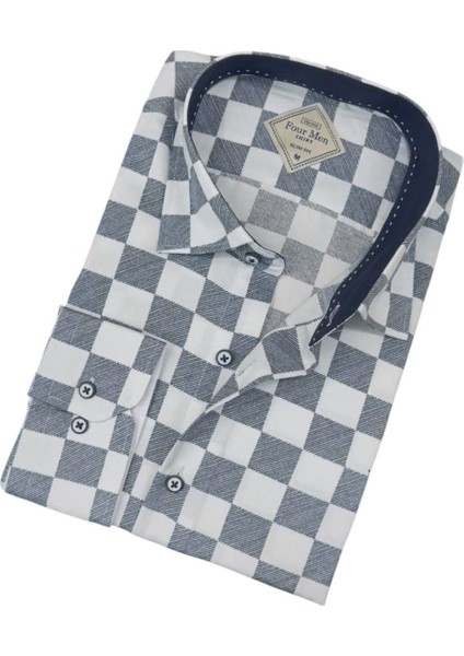 Pamuklu Gri Damalı Uzun Kollu Erkek Gömlek (Slim Fit Kalıp) fiyatları