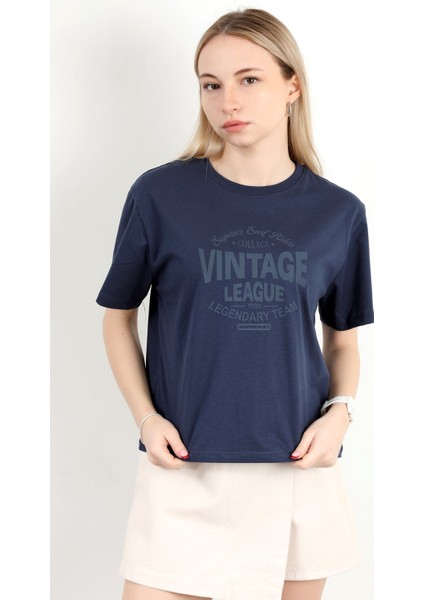 Kadın Bisiklet Yaka Vintage Baskılı T-Shirt Lacivert - 925021 fiyatları