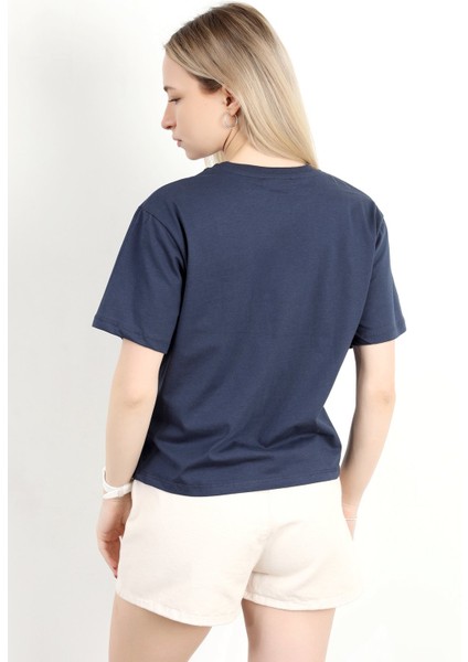 Kadın Bisiklet Yaka Vintage Baskılı T-Shirt Lacivert - 925021 modelleri