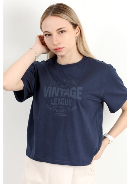 Kadın Bisiklet Yaka Vintage Baskılı T-Shirt Lacivert - 925021 fırsatları
