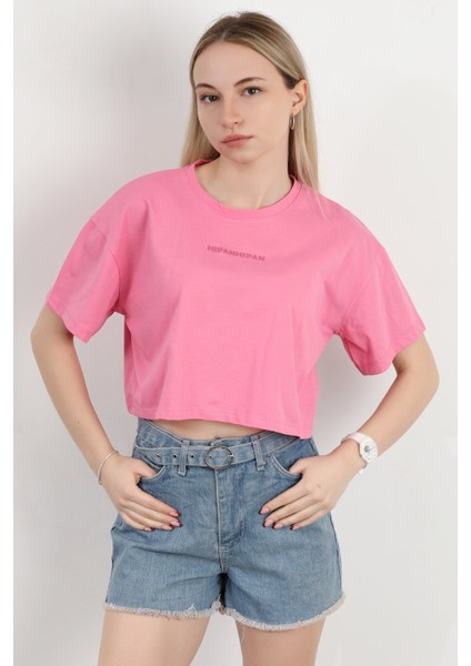Kadın Bisiklet Yaka Hipan Hipan Baskılı T-Shirt Pembe - 925041
