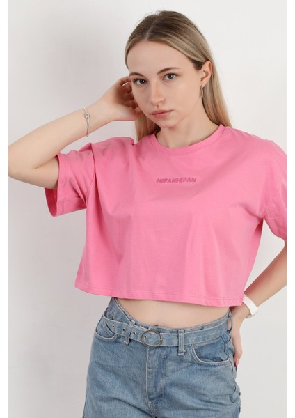 Kadın Bisiklet Yaka Hipan Hipan Baskılı T-Shirt Pembe - 925041