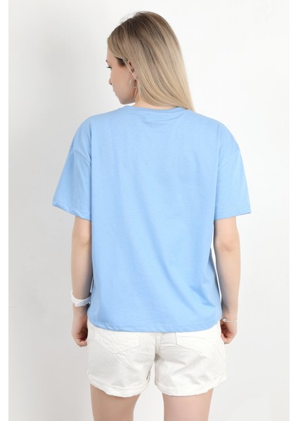 Kadın Bisiklet Yaka Lets Hand Varak Baskılı T-Shirt Mavi - 925030 modelleri
